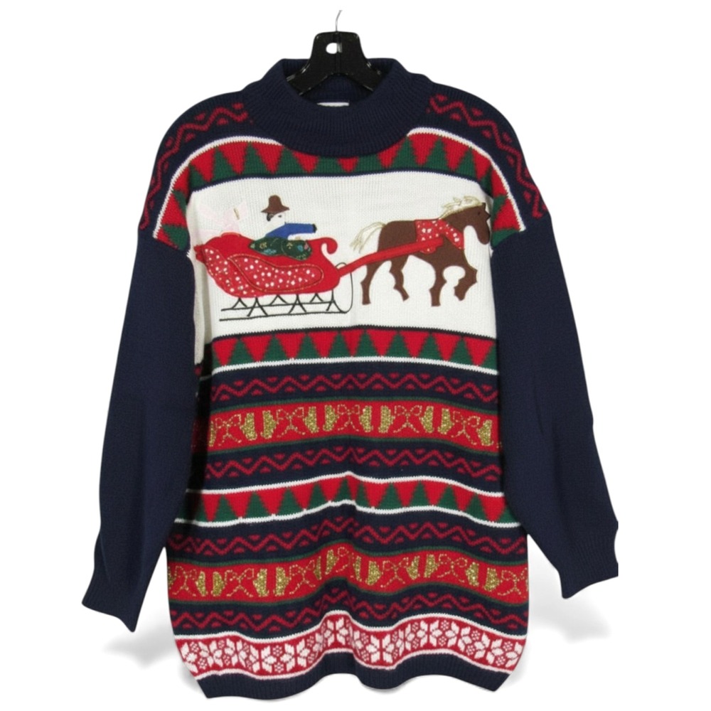 VTG HASTING & SMITH Navy COUNTRY SLEIGH RIDE Holiday Christmas KNIT SWEATER Sz M